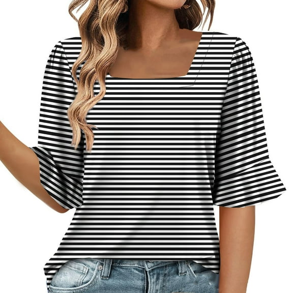 Amvlyk Summer Tops for Women Round Neck Comfy Striped Casual T-Shirts Lace Half Sleeve Blouse Clothes Summer Solid Color Loose Basic Tunic Tops for Trendy Beach Vacation Outfits