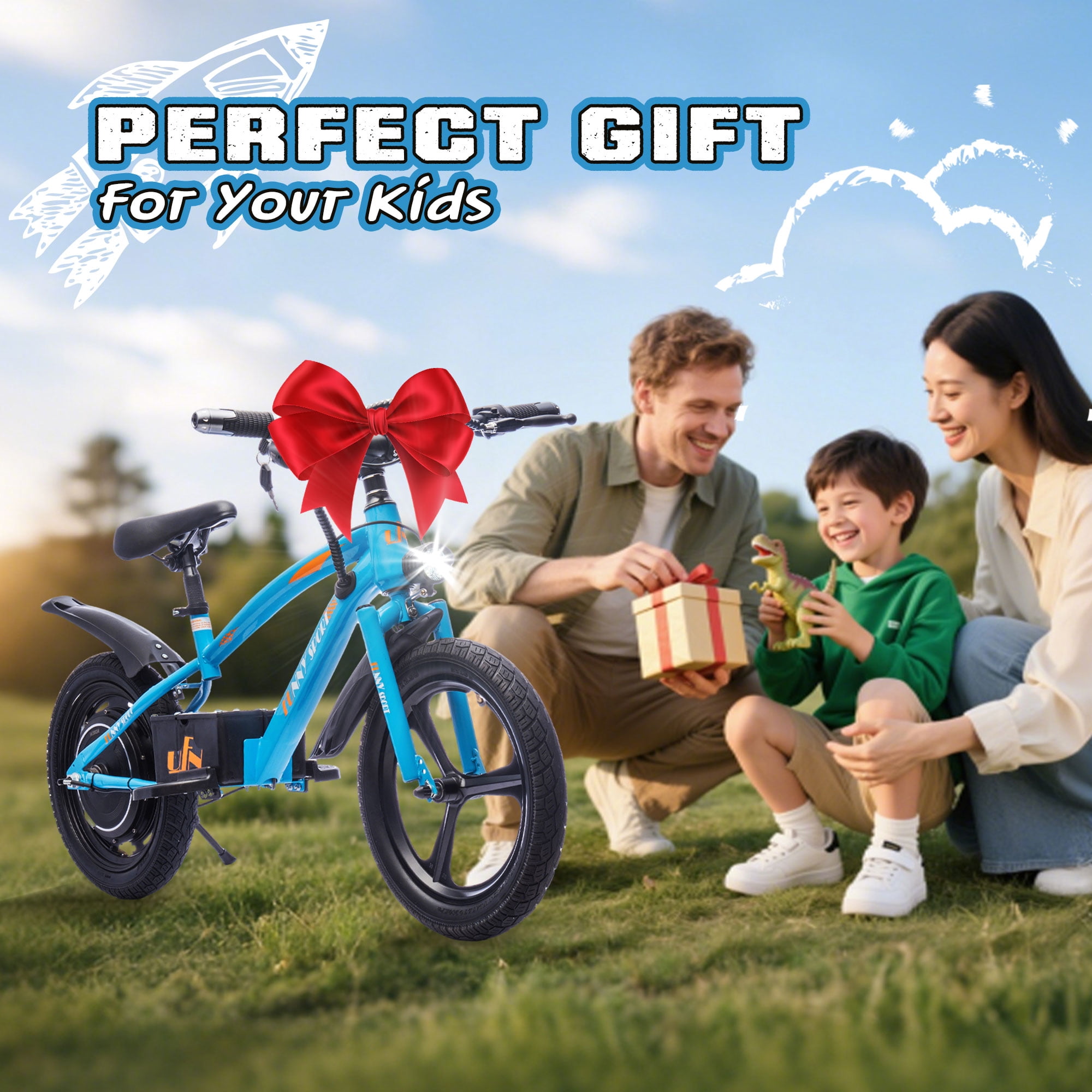Track Seven 24V Kids Electric Dirt Bike, Ride on Mini Bike, 300W Super Power Motor, Up to 12.43 MPH, 16" Wheels, Adjustable Seat Height, Bright Headlight, Hand-Operated Brakes for Ages 5+, Blue