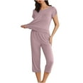 thumbnail image 6 of Summer Two Piece Outfits Clearance Outfits 2PC Solid Color Round Neck Short Sleeve Sleepshirt And Pants Sets Loungewear Pajamas With Pockets, 6 of 9