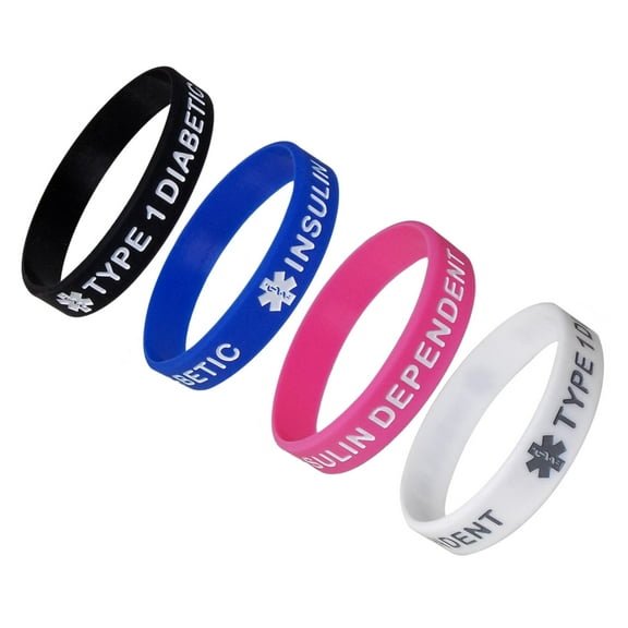 TYPE 1 DIABETIC INSULIN DEPENDENT Kid's Size Silicone Wristbands - Black, White, Blue and Pink (4 Pack)
