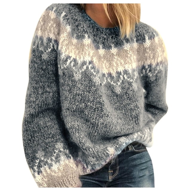 Économies d'Automne! Liquidation Chandails pour Femmes Tricot Manches Longues Chandails Surdimensionnés Mode Raglan Chaud Ample Haut d'Hiver Chandail Chandail Graphique Aztèque Ethnique Col Bateau Gris P