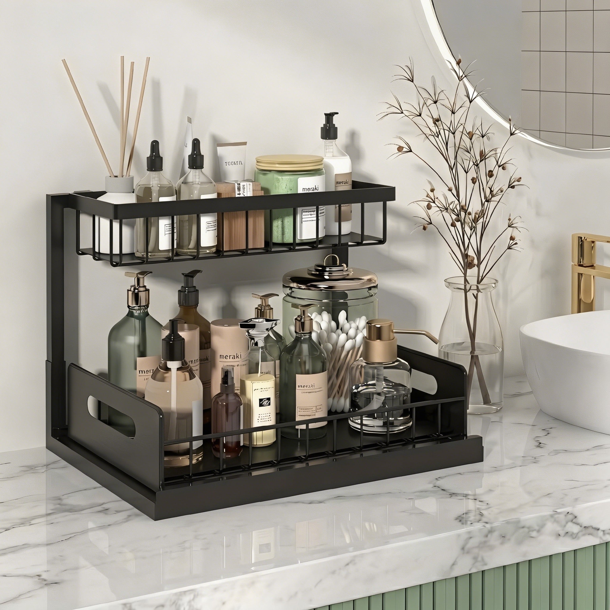 L-Shaped Under Sink Organizer, 2 Tier Pull Out Cabinet Organizer, Heavy Duty Metal Storage with Slide Out Drawer, Holds 50 Lbs, Rust-Proof Bathroom & Kitchen Sink Rack, Black 2PC
