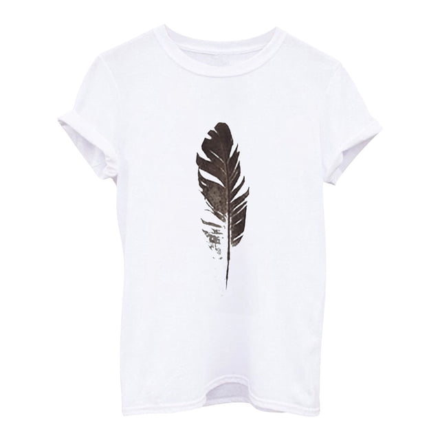 T-Shirt pour Femmes Mode Femmes T-Shirt à Manches Courtes Imprimé Plume Haut Décontracté Tee Blouse