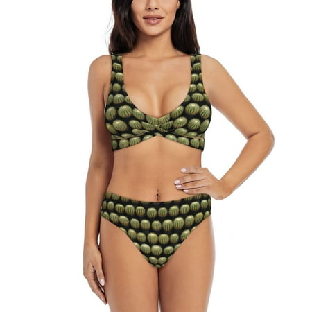 Zeuib Cactus Farmland High Waisted Tummy Control Bikini Set - Knot Front Push Up Top & Cheeky Thong Bottom  Two-Piece Swimsuit for Women-Small