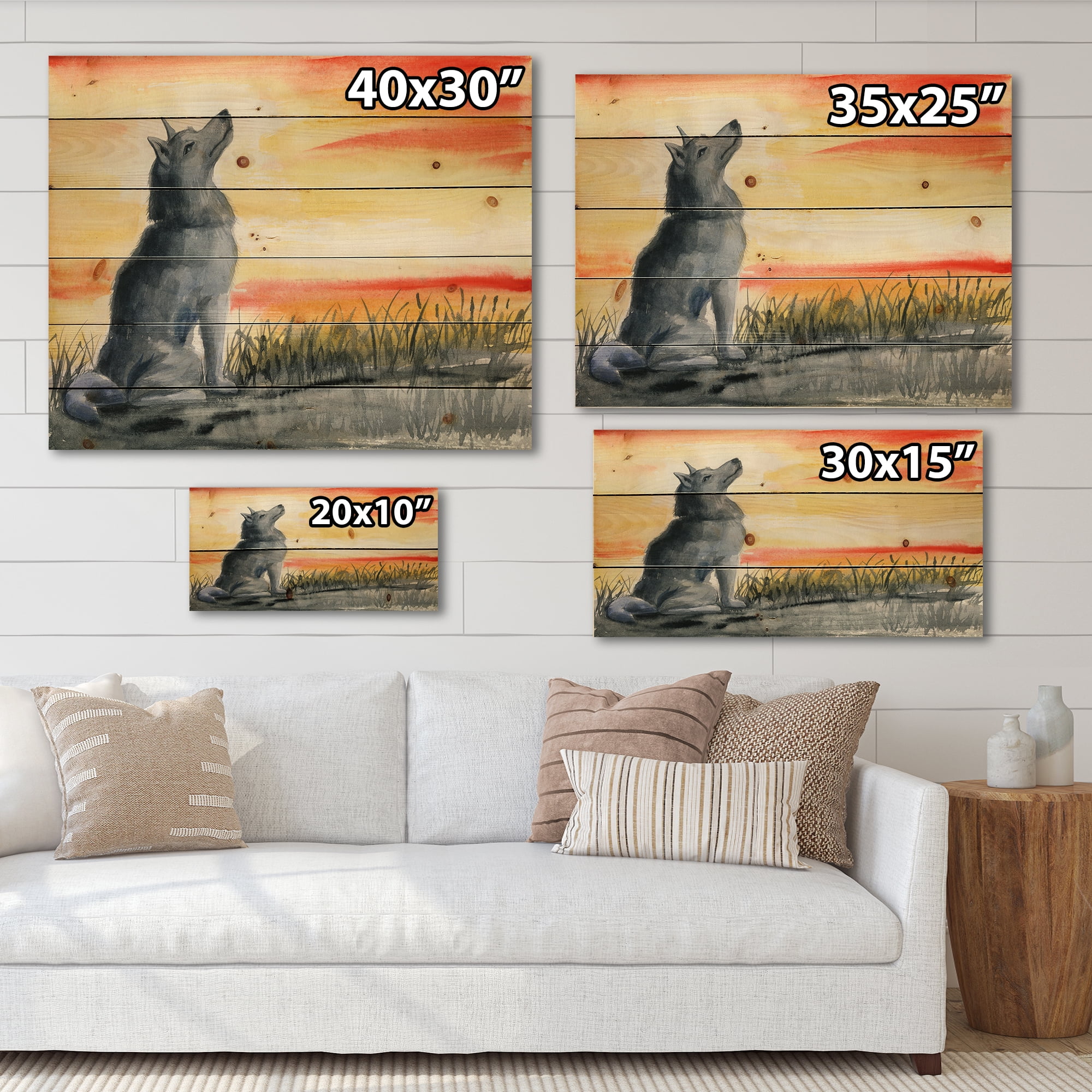 Designart 'Portrait Of Grey Wolf Howling At The Moon' Traditional Print on Natural Pine Wood
