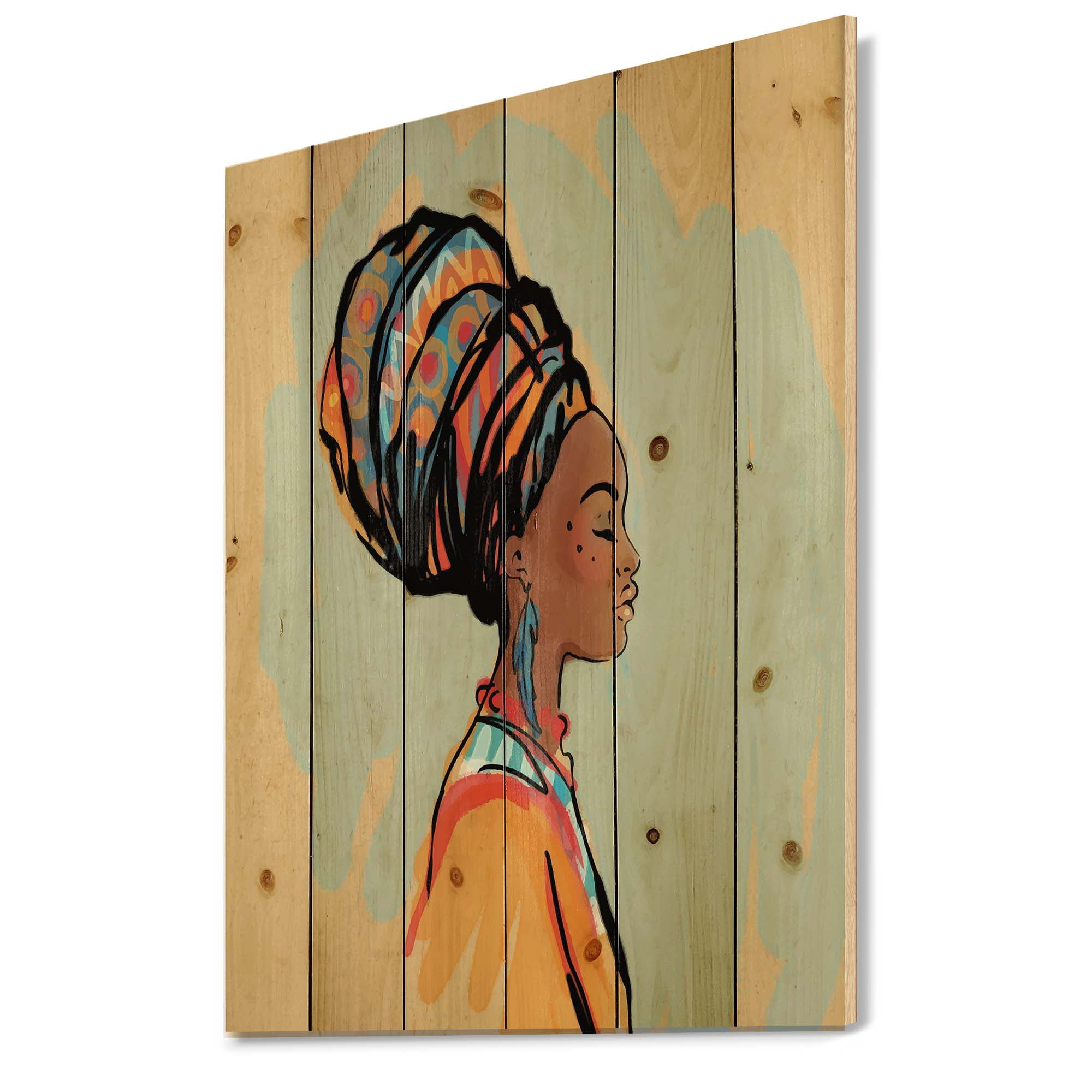 Designart 'Portrait of African American Woman With Turban III' Modern Print on Natural Pine Wood