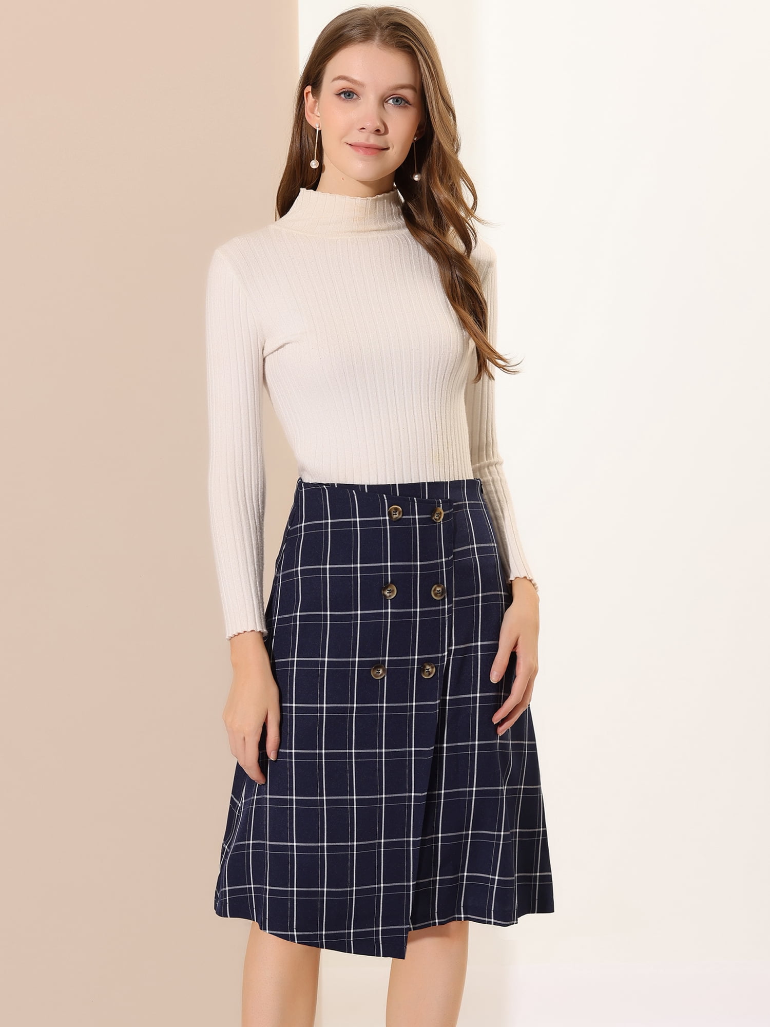 Unique Bargains Women's Plaid Vintage Wrap Button Front Knee Length High Waist Skirt XL Blue