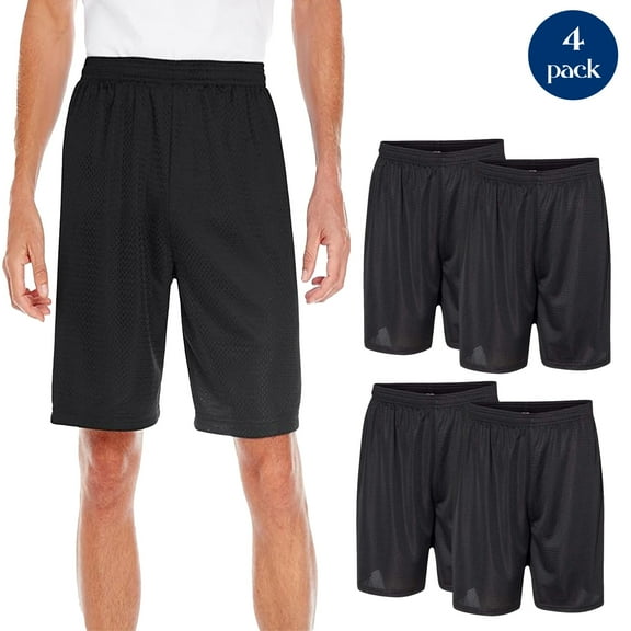 C2 Sport Men's Shorts, Athletic Workout Gym Activewear Black Mesh Basketball Shorts, 4 Pack, S