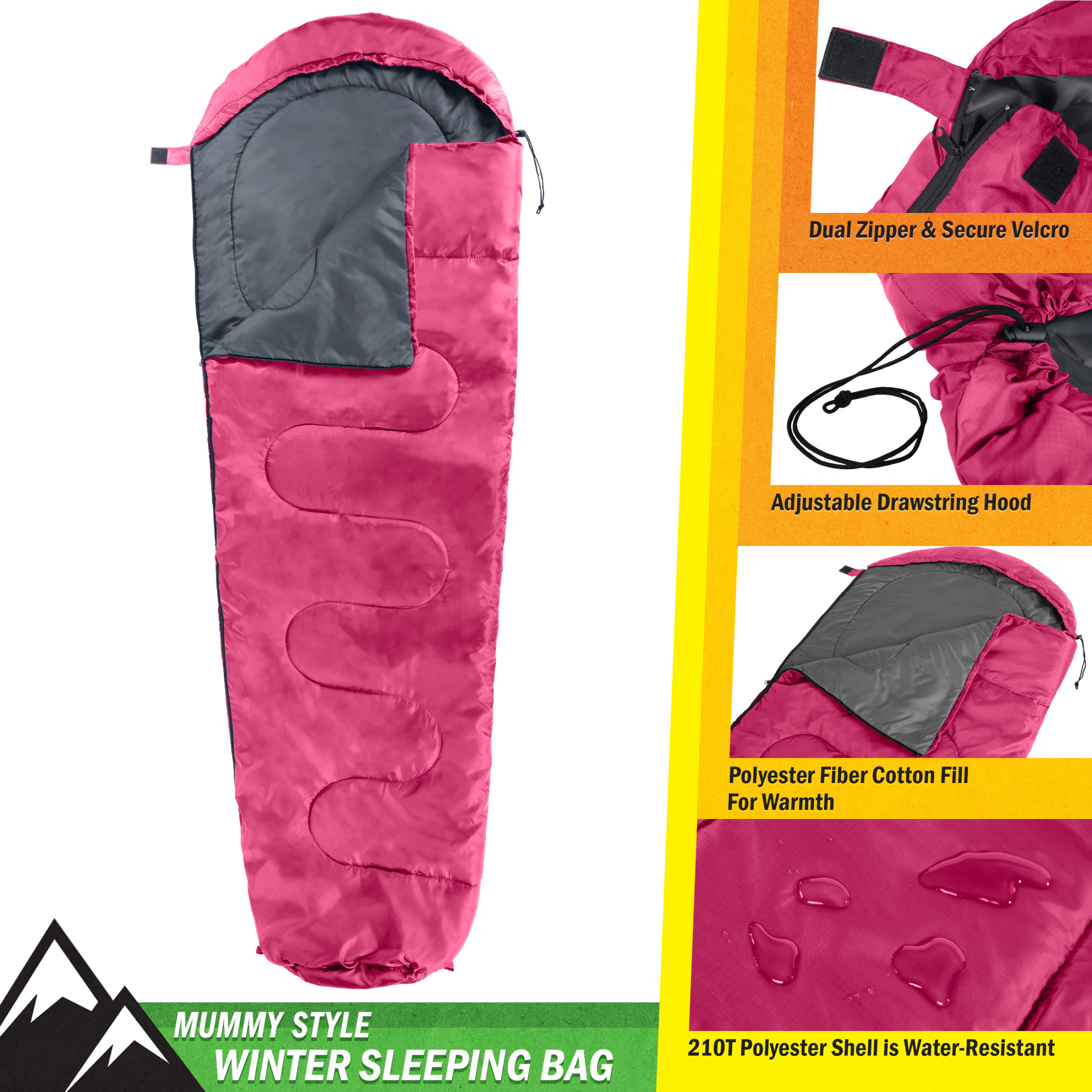 Wakeman Cold Weather Mummy Sleeping Bag 25°F Pink photo 3