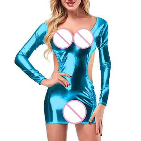 MQLKF Women Fashion Solid Sexy Lingerie Gold P Leather Long Seleeve Skirt Intellectual Breathable Women Bodysuit