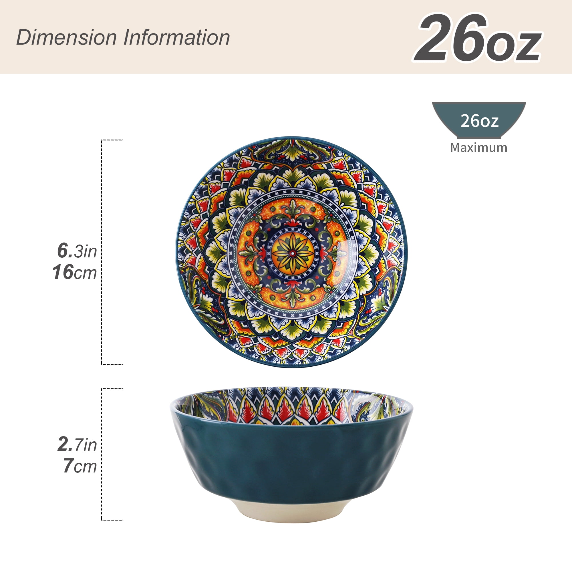 Artmica Porcelain Boho Cereal Bowls, Ceramic Soup Bowls Set of 4, 26 oz Colorful Bowls Set