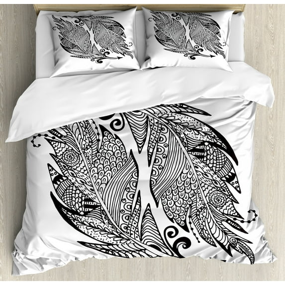 Vintage Tribal Duvet Cover Set King Size, Zentangle Ornate Arrow Leaf in Monochromatic Design, Decorative 3 Piece Bedding Set with 2 Pillow Shams, Charcoal Grey and White, by Ambesonne