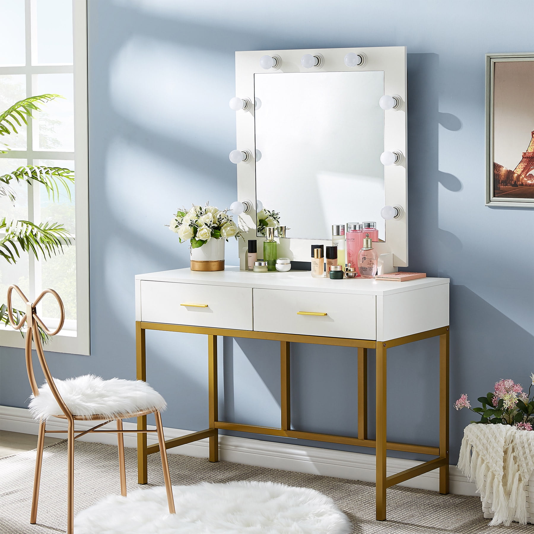 Details about   Modern Lighted Makeup Vanity Table 3 Mirrors,4 Drawers & Padded Stool White+Gold 