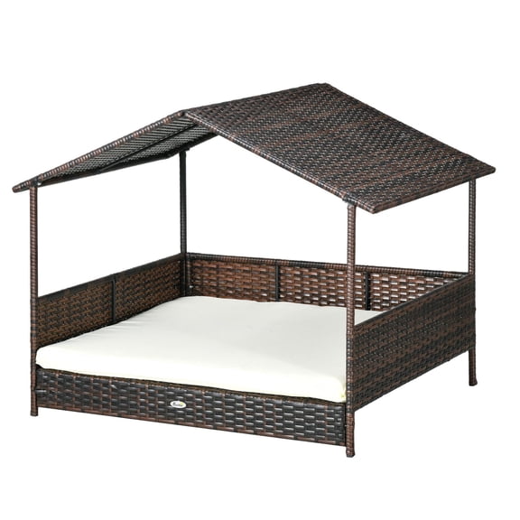 SAZYY Outdoor Rattan Dog Bed with Canopy & Removable Cushion - Elevated Pet Sofa for Medium Large Dogs, Cream White