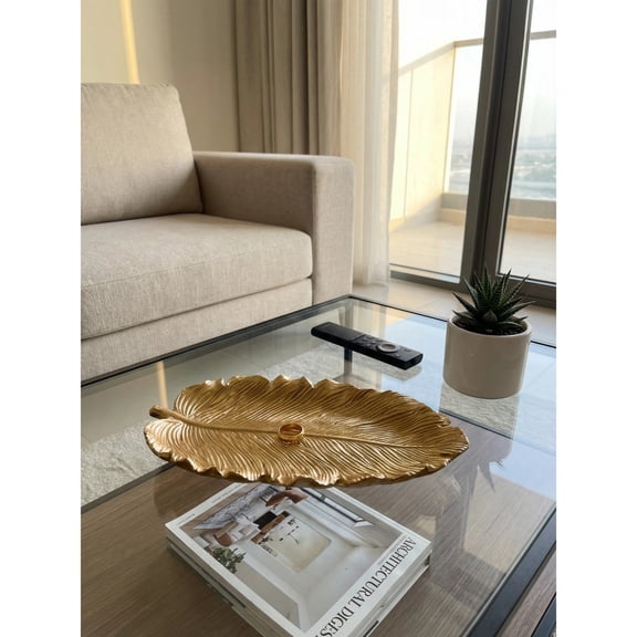 Elegant Golden Leaf Resin Serving Tray Decorative Centerpiece for Dining and Countertop Display 16cm Home Decor