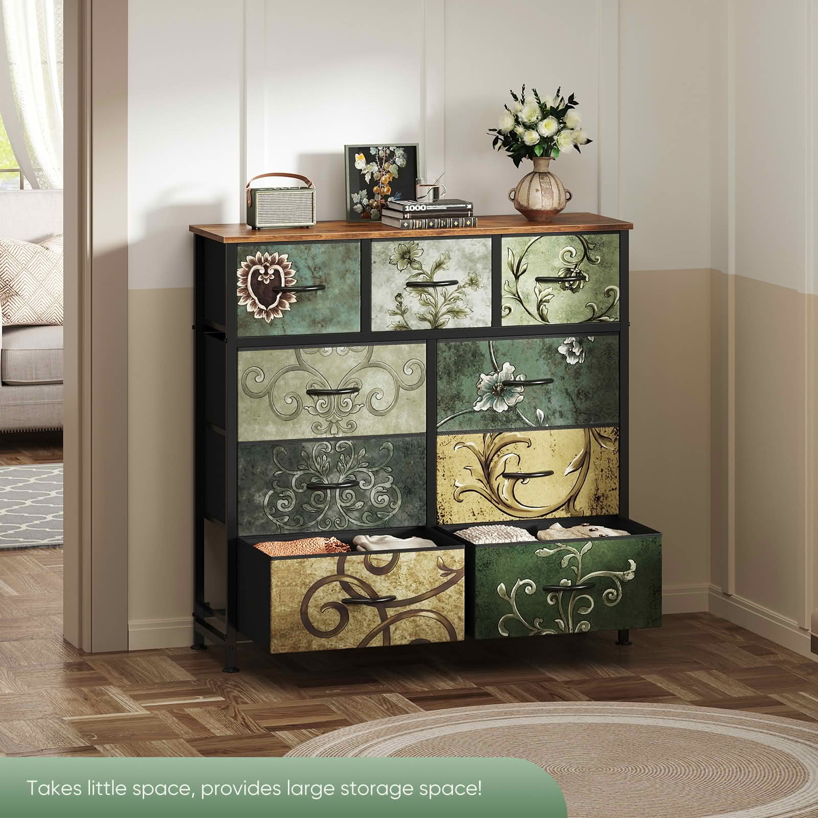 MAYEERTY Bedside Storage Cabinet with Movable Fabric Box, Sturdy Steel-Framed Wooden Top Organizer