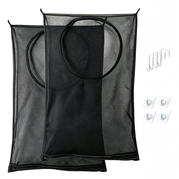 2 Pack Black Hanging Mesh Laundry Bags, Wall Mount Dirty Clothes Hamper with 4 Adhesive Hooks & Over-the-Door Hooks, Breathable Laundry Organizer for Bathroom, Bedroom, Dorm & RV