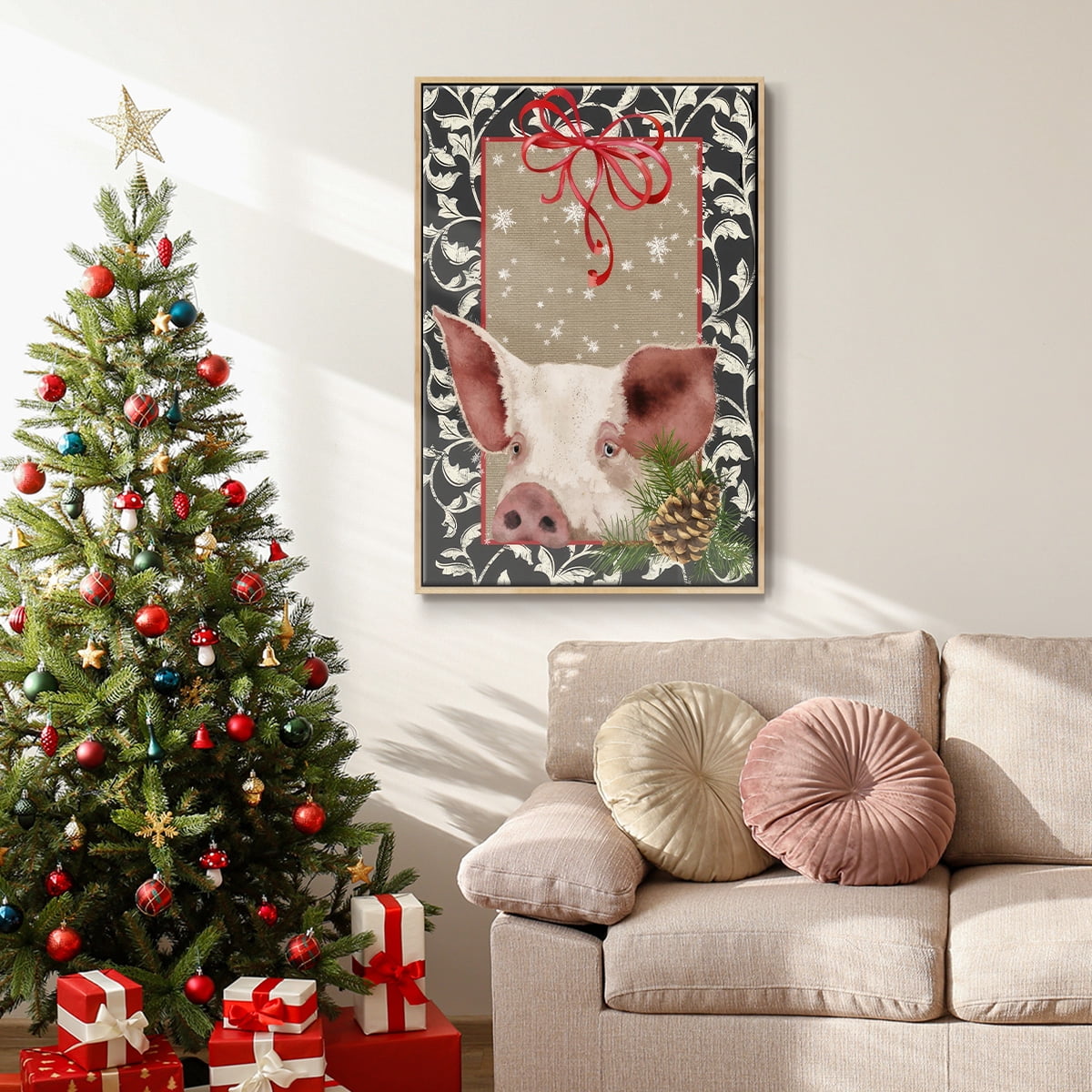 County Christmas Farm II - Framed Gallery Wrapped Holiday Canvas - 17 x 25 - Natural Wood Frame