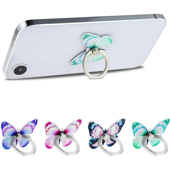 Genreen 4 PCS Butterfly Cell Phone Ring Holder Zinc Alloy Cute 360°Rotation Metal Finger Pattern Painted Universal Phone Ring Holder Compatible for All Smartphone