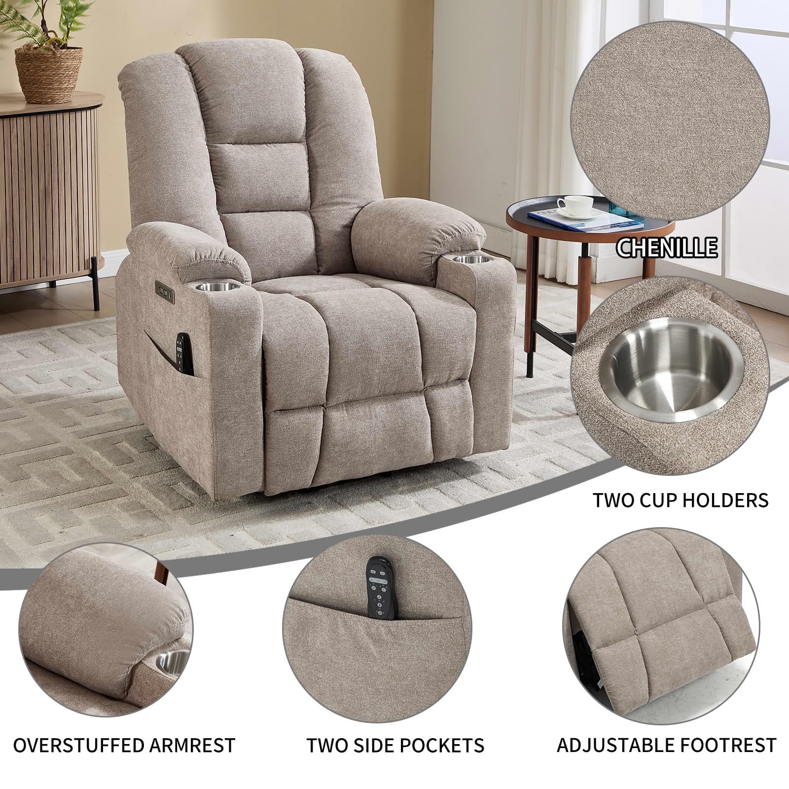 MAYEERTY Khaki Chenille 350lbs Power Lift Recliner, Massage Heat USB-C 34"x39"x42" Wide Overstuffed for Elderly