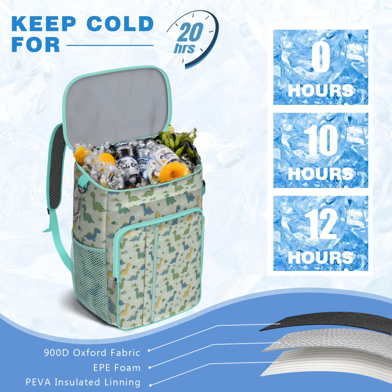 Travel Cooler Bag - LightGreen Cartoon Dinosaurs Clouds Pattern Camping Beer Cooler Backpack with Bottle Opener- Waterproof Insulated Picnic Backpacks - Cooler Bag for Beach