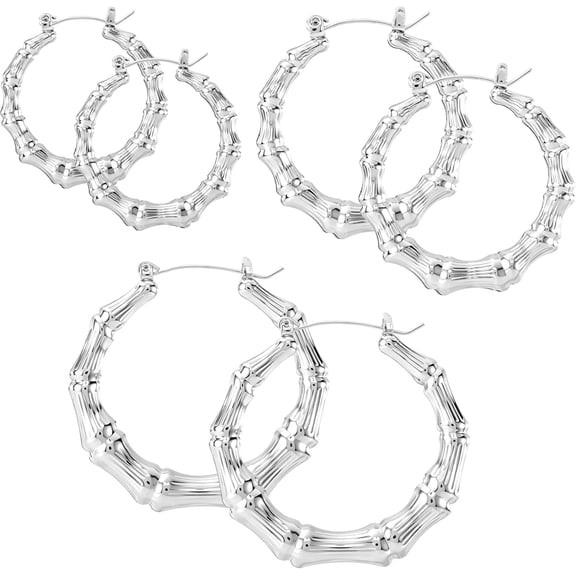 DESIGNICE 3Pairs Large Bamboo Hoop Earrings, Silver Plated Shiny Hip Hop Earrings, Hypoallergenic Set