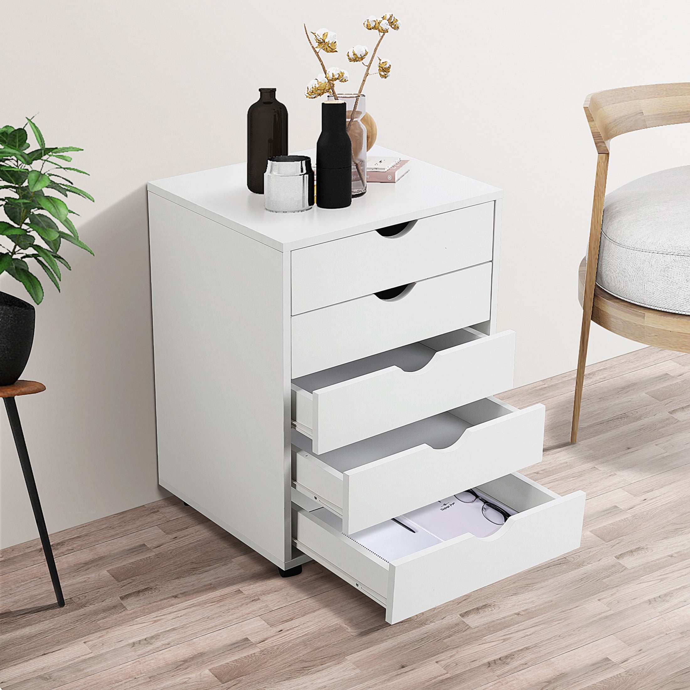 CONCETTA 5-Drawer File Cabinet, Lateral Filing Under Desk Storage Organizer with Wheels for Home Office, White