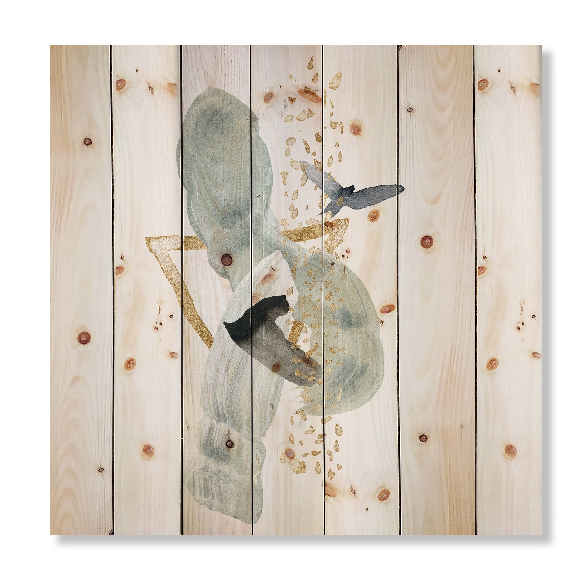 Designart 'Abstract Golden Mountain With Bird and Moon' Modern Print on Natural Pine Wood