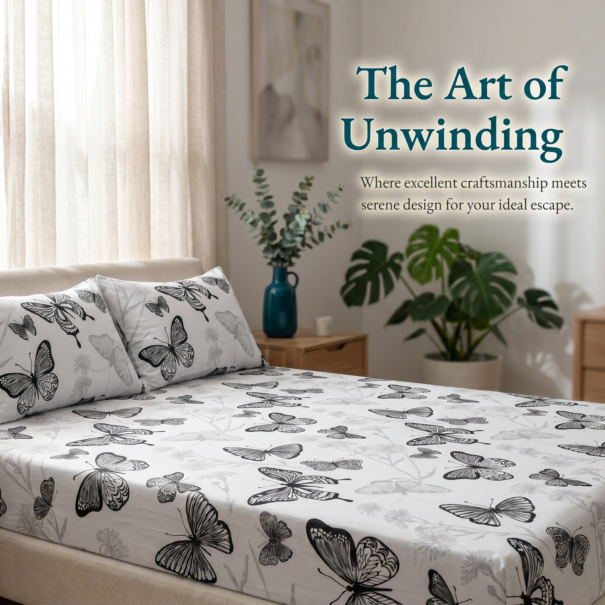Unique Bargains Fitted Sheet Butterfly Pattern Microfiber Bed Sheets White 60.2"x79.9"