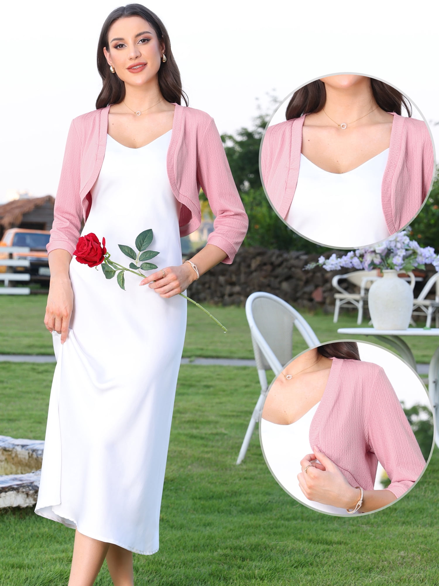 DARING DIVA Women's 3/4 Sleeve Cropped Open Front Cardigan Sweaters L Pink