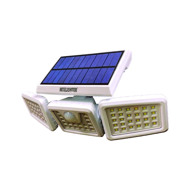 Nitelighter solar powered motion activated led area store spotlight with daylight sensor and 3 adjustable lamps