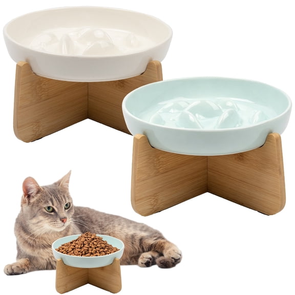 BESEW7 Ceramic Raised Cat Bowl with Wood Stand, Elevated Slow Feeder for Cats and Small Dogs, Non-Slip Base Easy Clean Pet Water Dish White
