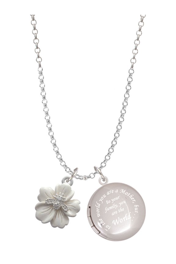 Silvertone Bee on White Flower To the World You are a Mother Locket Necklace