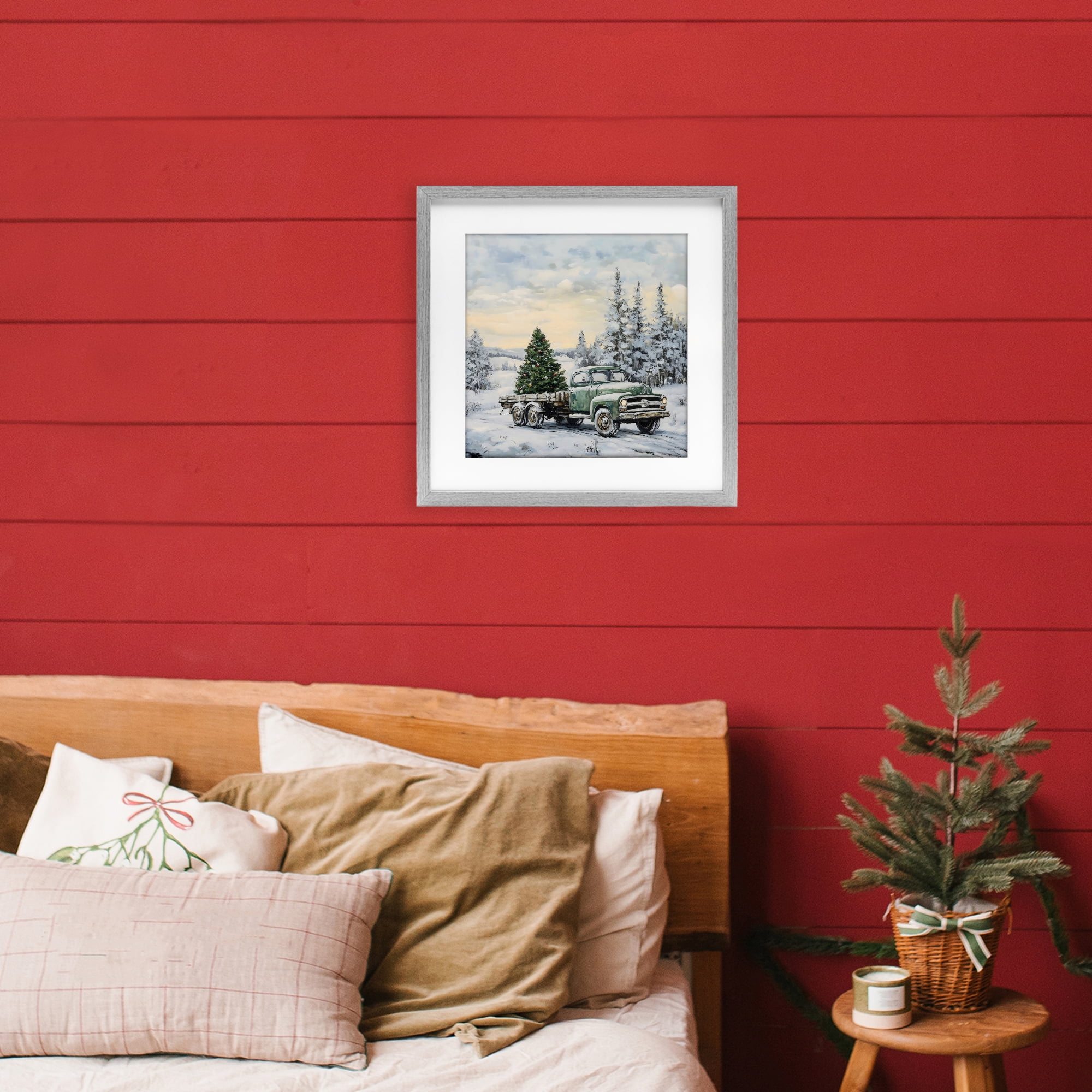 Green Christmas Tree Truck Gray Framed Print Under Glass, design by Petal Prints Design