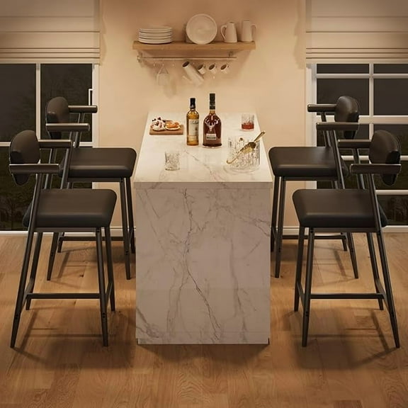 26'' Bar Stools Set of 4, Modern Counter Height Bar Stools with Arms & Backs, Kitchen Island Chairs, Leather Upholstered Barstools with Durable Rustic Black Metal Frame/Black Leather