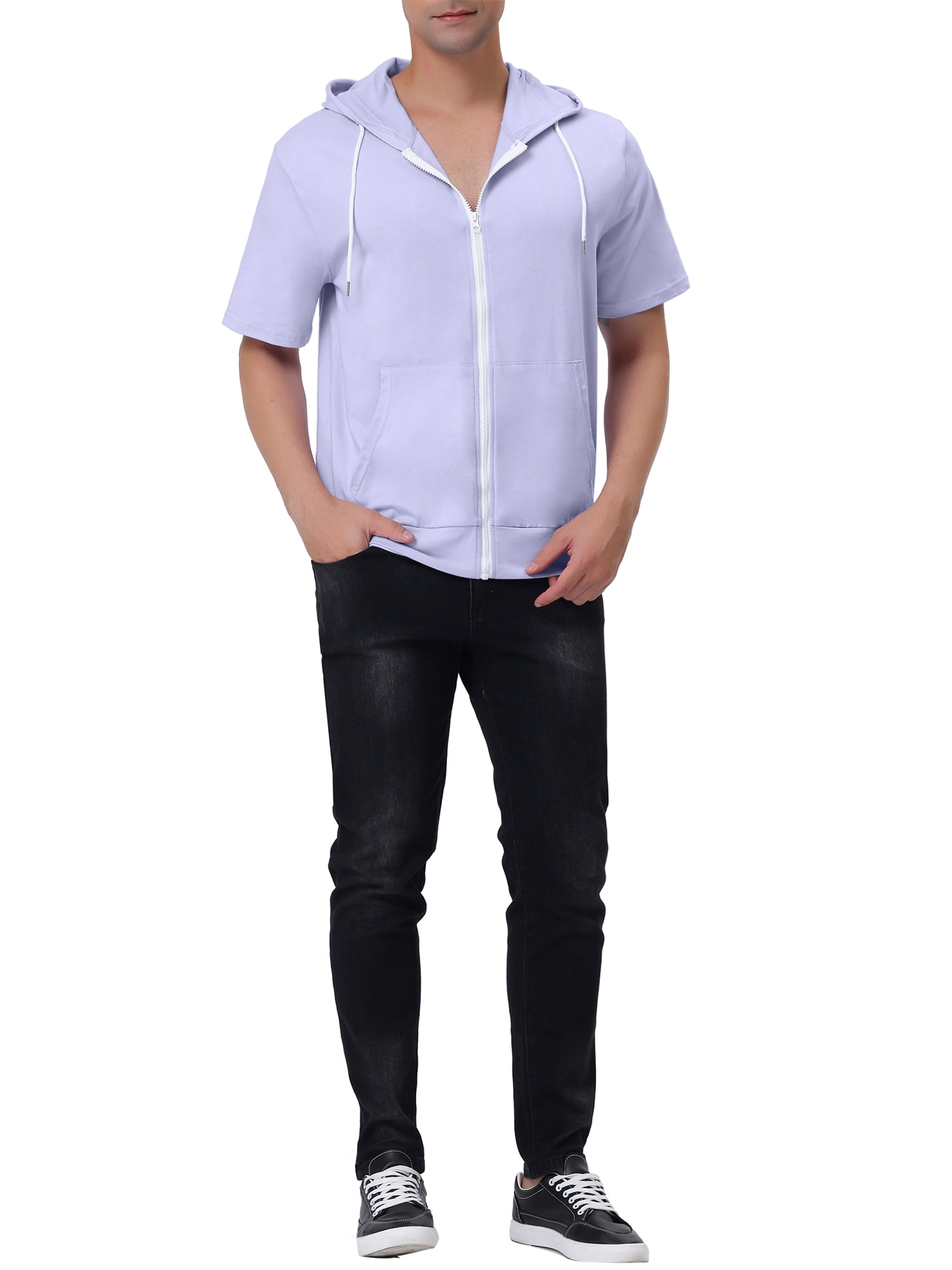 Unique Bargains Men's Short Sleeve Solid Color Zip Up Sport Hoodies L Light Purple