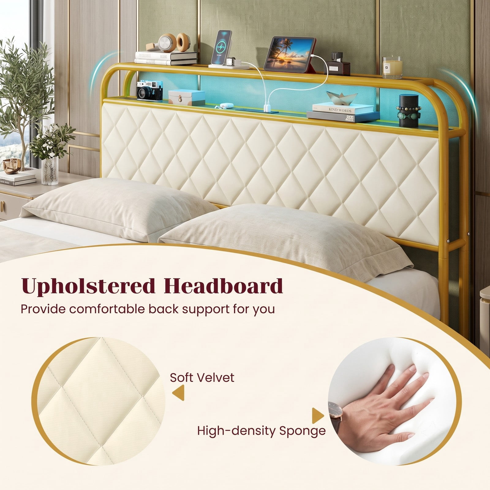 Furnibear Queen Size Bed Frame with LED Lights Charging Station 4 Drawers and Upholstered Headboard, Queen Platform Bed Frame for Bedroom, Gold