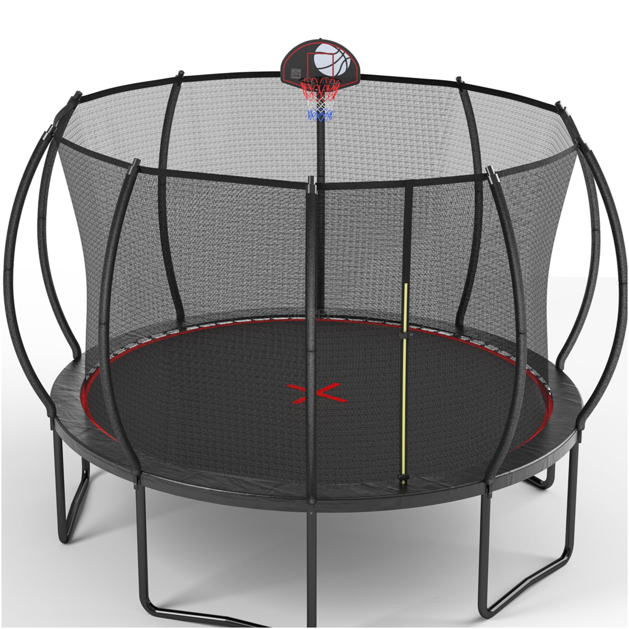 JERFIT 12ft Trampoline with Safety Enclosure Net, Basketball Hoop & Ladder, Outdoor Jumping Mat for Kids and Family, Black and Red