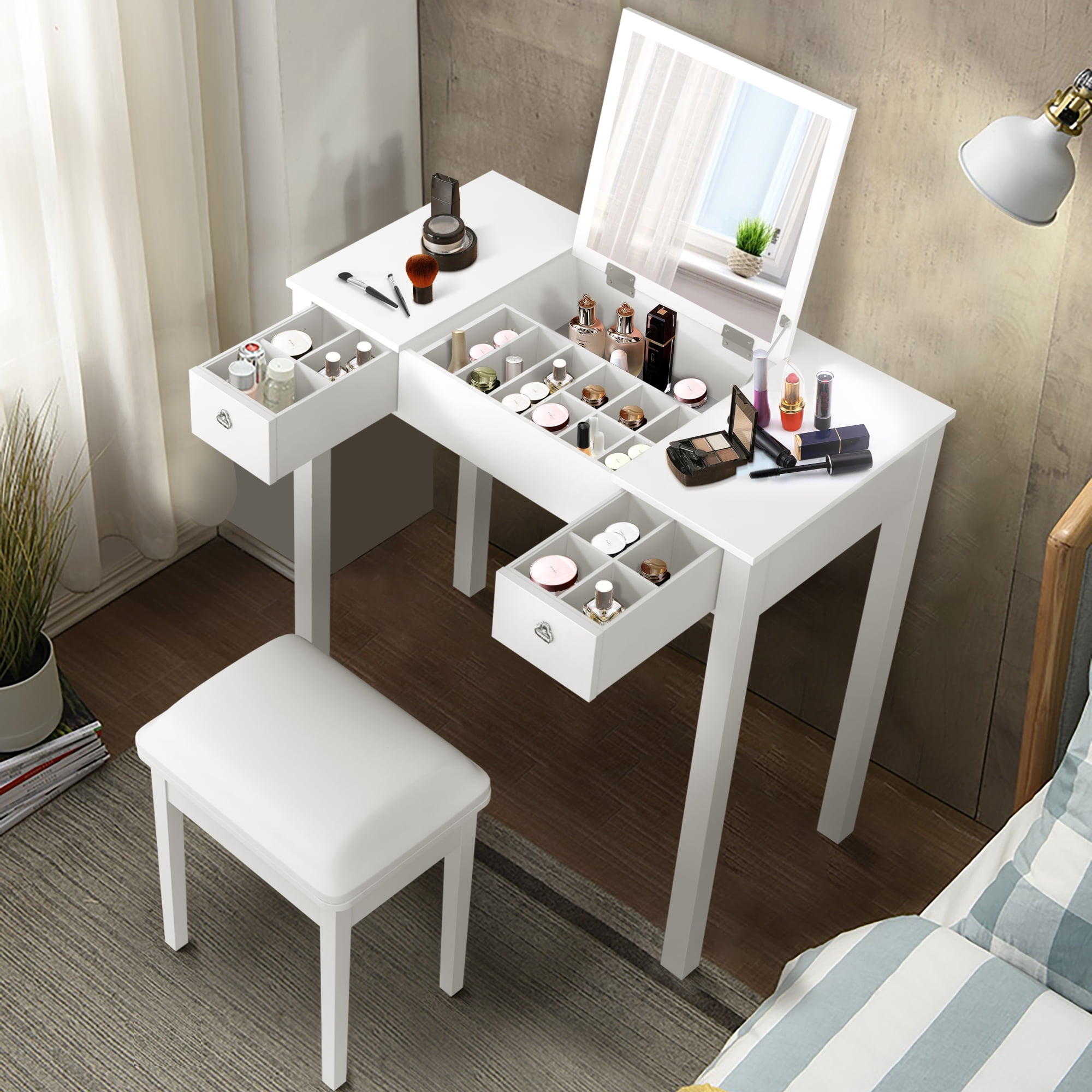 Resenkos Makeup Vanity with Upholstered Stool and Flip-Top Mirror and 2 Drawers, Small Computer Desk Home Office Desk for Writing Study Bedroom, White Resenkos Makeup Vanity with Upholstered Stool and Flip-Top Mirror and 2 Drawers, Small Computer Desk Home Office Desk for Writing Study Bedroom, White