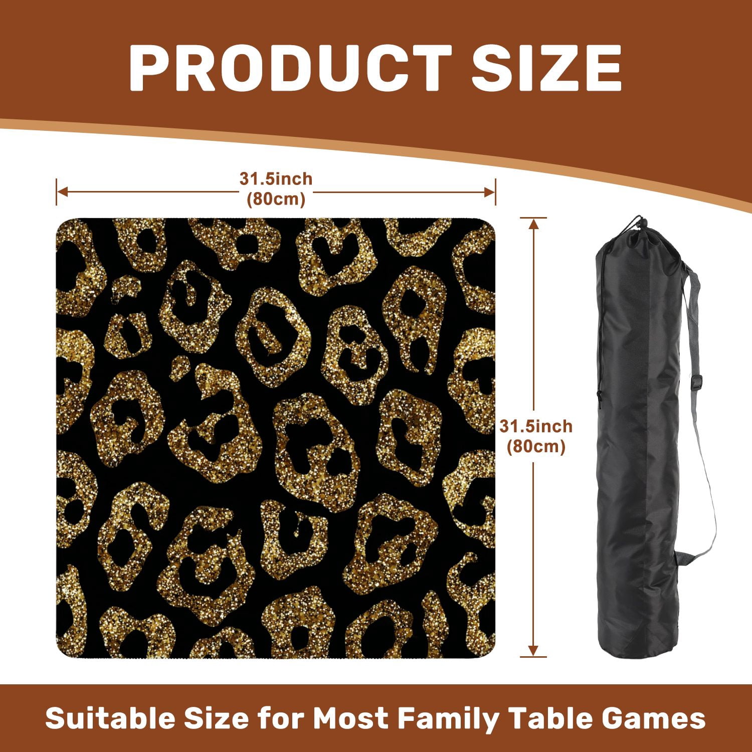 Mahjong Mat 31.5" x 31.5" fashion seamless gold glitter leopard fur Non-Slip Noise Reduction American Mahjong Tiles Table Cover for Dominoes Poker Card Board Games Gift