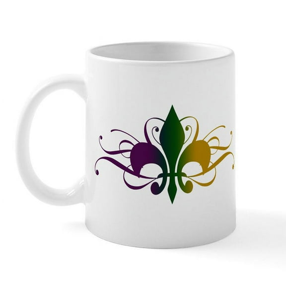 CafePress - Purple Green Yellow Swirl Fleur De Lis Mug - 11 oz Ceramic Mug - Novelty Coffee Tea Cup