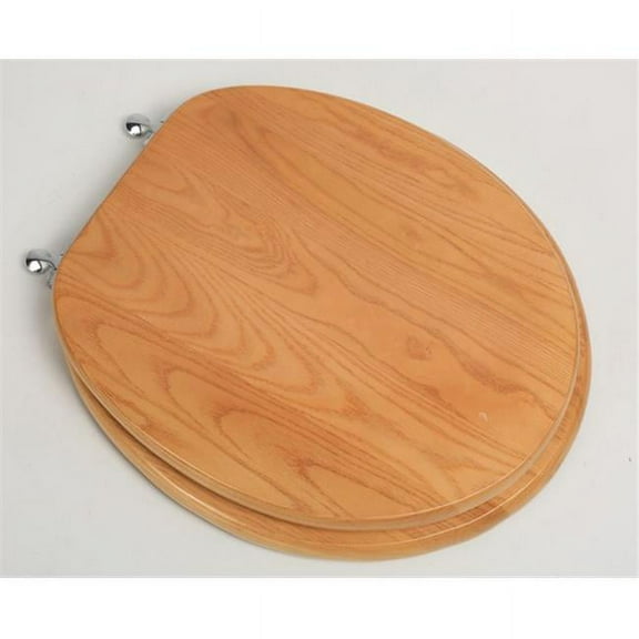 Designer Solid Round Oak Wood Toilet Seat with Chrome Hinges, Natural Red Oak