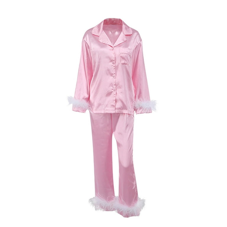 xkwyshop Womens Silk Satin Pajamas Feather Decor Long Sleeve Loungewear  Two-piece Sleepwear Button-Down Pj Set Pink XL