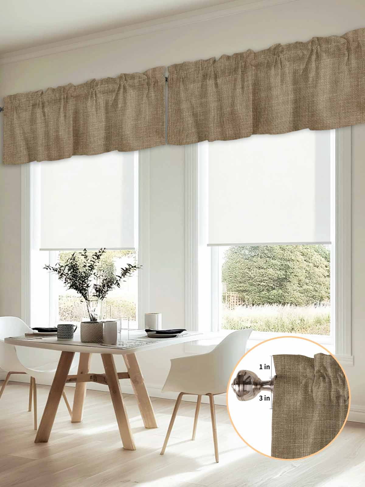 Brown Linen Window Valance, Farmhouse Pure Color 2 Pack Decorative Curtain for Small Windows, Light Filtering Valance with 3” Rod Pocket, 42"W x 12"L