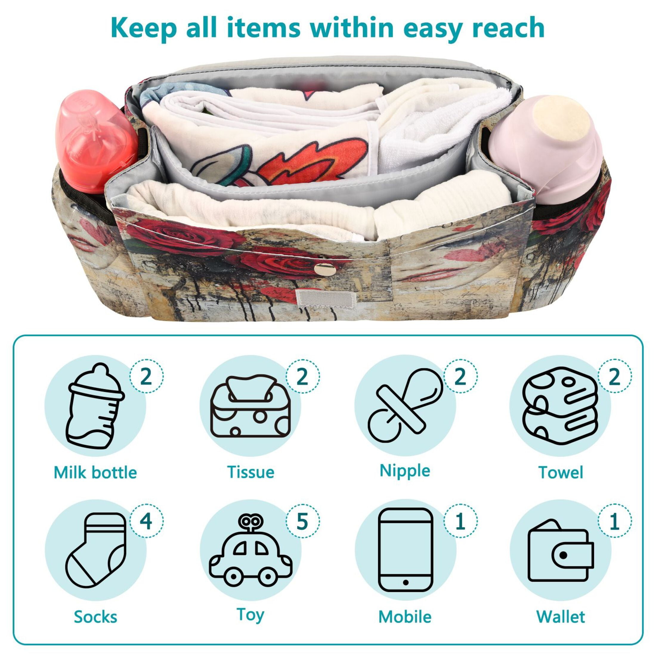 DIXRUYEE Stroller Organizer Facade with Roses Printed