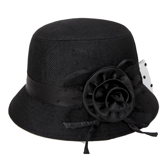 Women Straw Bucket Hat, Satin Floral Polka Dot Tulle Decor Soft Breathable Sun Protection Elegant Formal Wedding Party Travel Headwear Black One Size