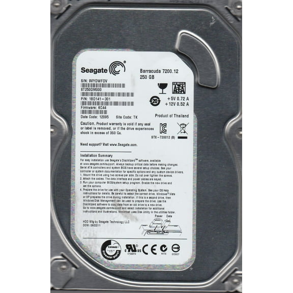 ST250DM000, 9VY, TK, PN 1BD141-301, FW KC44, Seagate 250GB SATA 3.5 Hard Drive