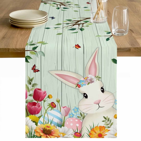 Easter Table Runner - 72 Inch Long Spring Watercolor Bunny Eggs Tulip Wooden Grain Teal Cotton and Linen Blended Dress Scarves Farmhouse Table Runner for Kitchen Dining, Coffee Table, 13" x 72"
