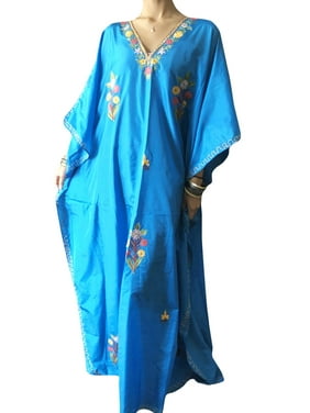 Mogul Women Kaftan Maxi Dress Blue Silk Floral Embellished Caftan Lounger Cover Up Beach Kaftan DRESS 3X