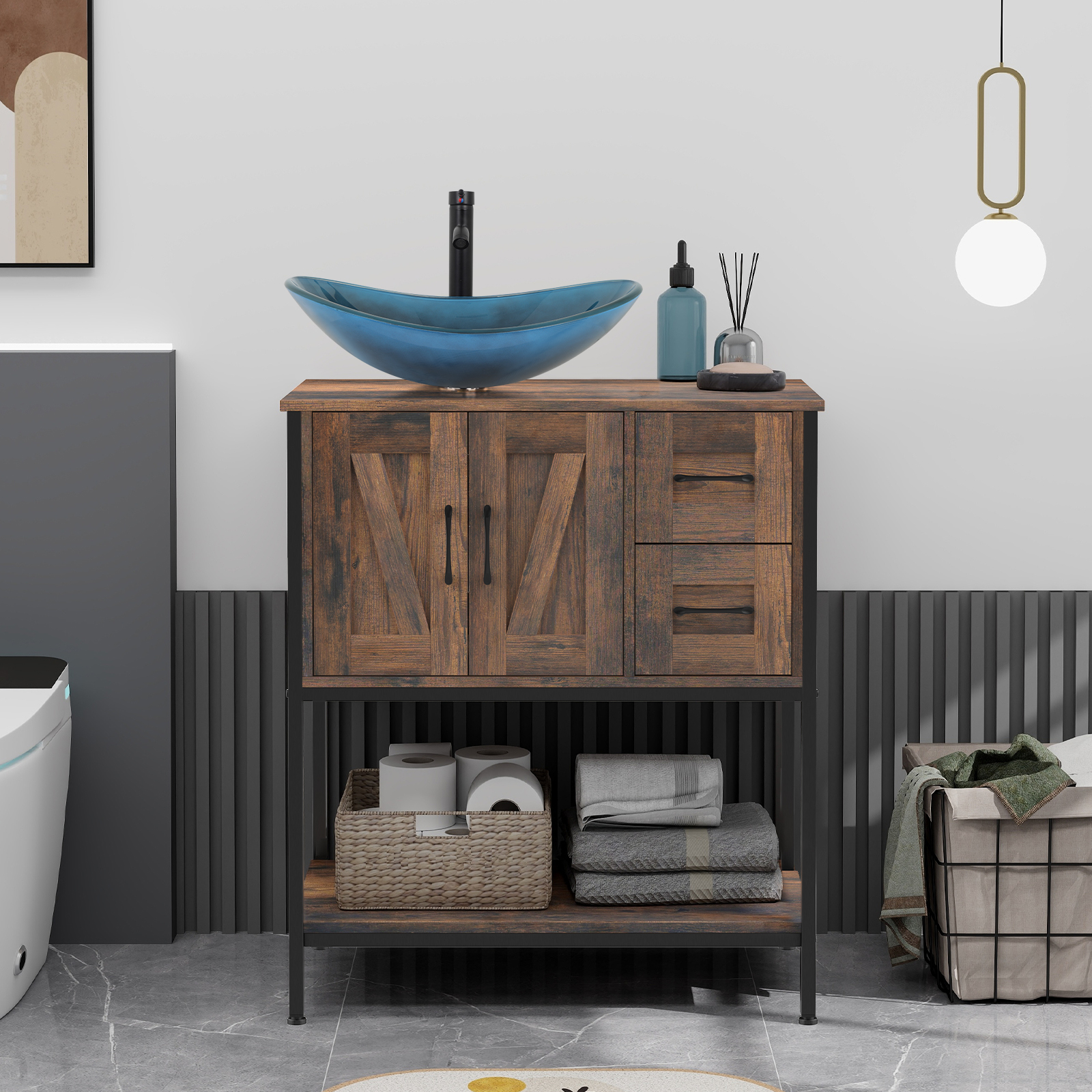 ELECWISH 30" Bathroom Vanity, Farmhouse Bathroom Vanity with Sink Combo Set, Rustic Brown Modern Wood Cabinet with Blue-Black Gradient Boat Sink